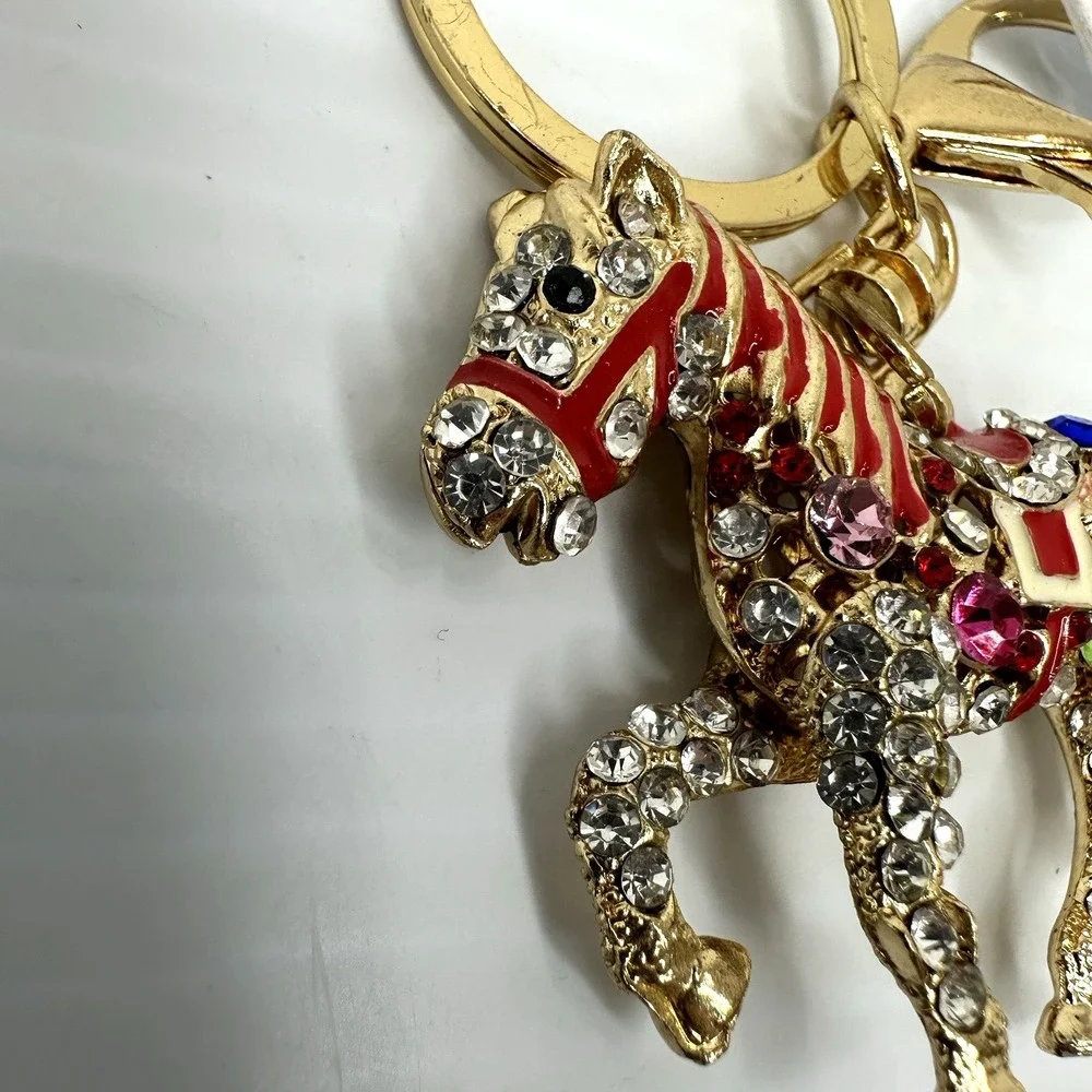 Rhinestone Horse Keychain Gold Tone Colorful Crystal Animal Bag Charm NWT